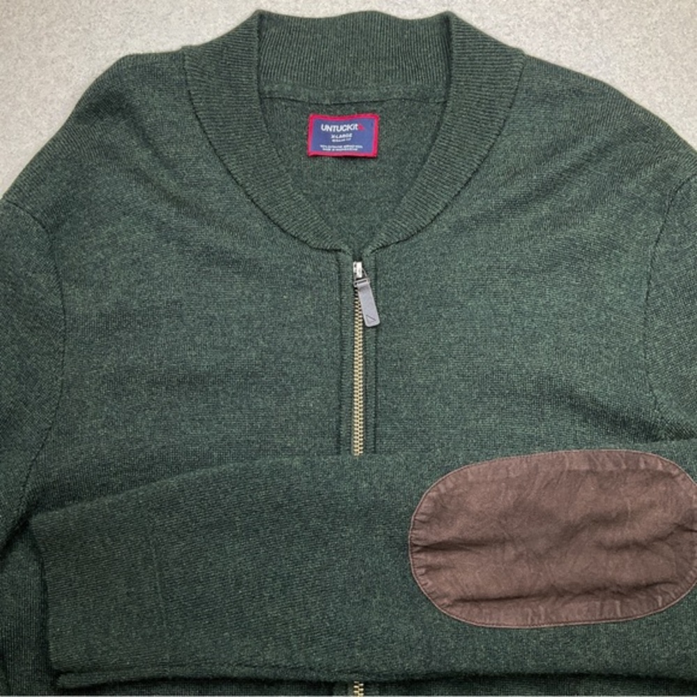 UNTUCKit Reynoso 100% Merino Wool Full Zip Sweater XL‎ Elbow Patch Green NWOT